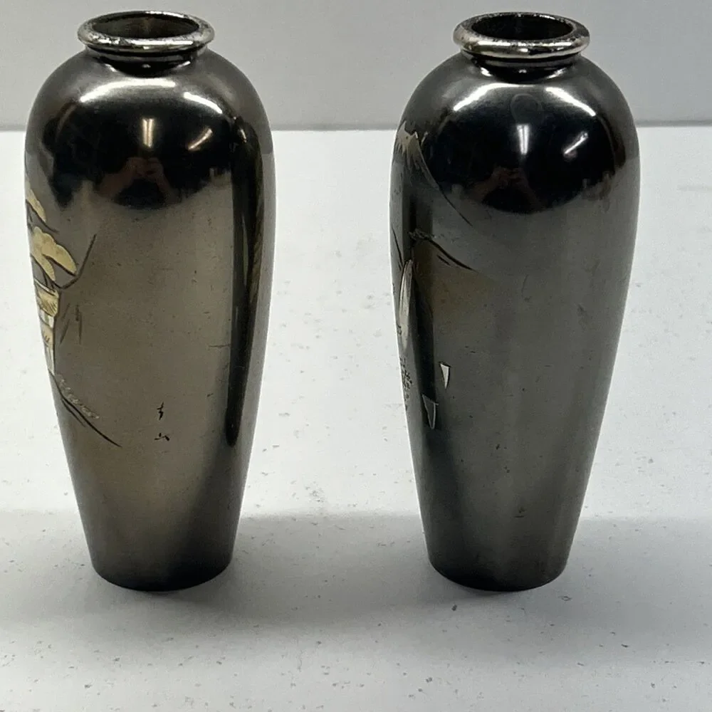 Bundle Deal‎ - 2 Vintage 4-3/4” Japanese Etched Metal Vases